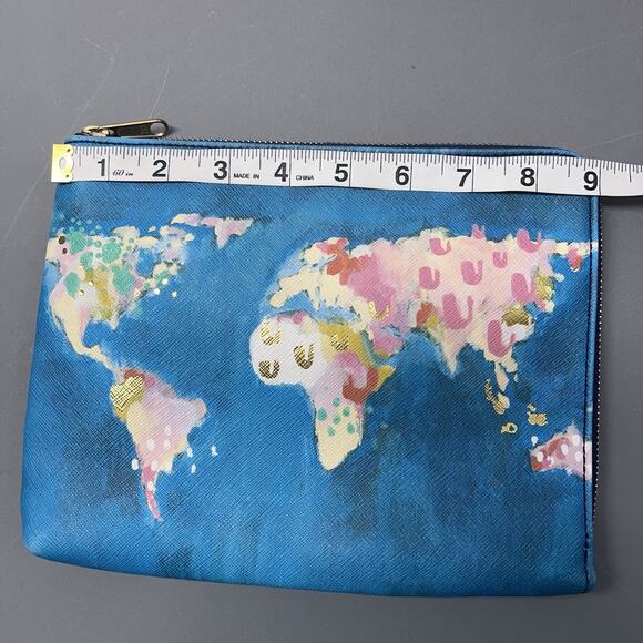 Anthropologie Nikki Cade Studio World Map Clutch Purse Blue Graphic Print Zip - Picture 8 of 14